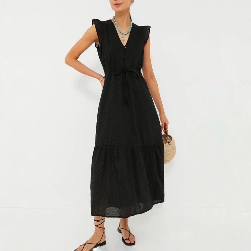Emerson Frye India Collection Surya Swiss Dot Black Maxi Dress